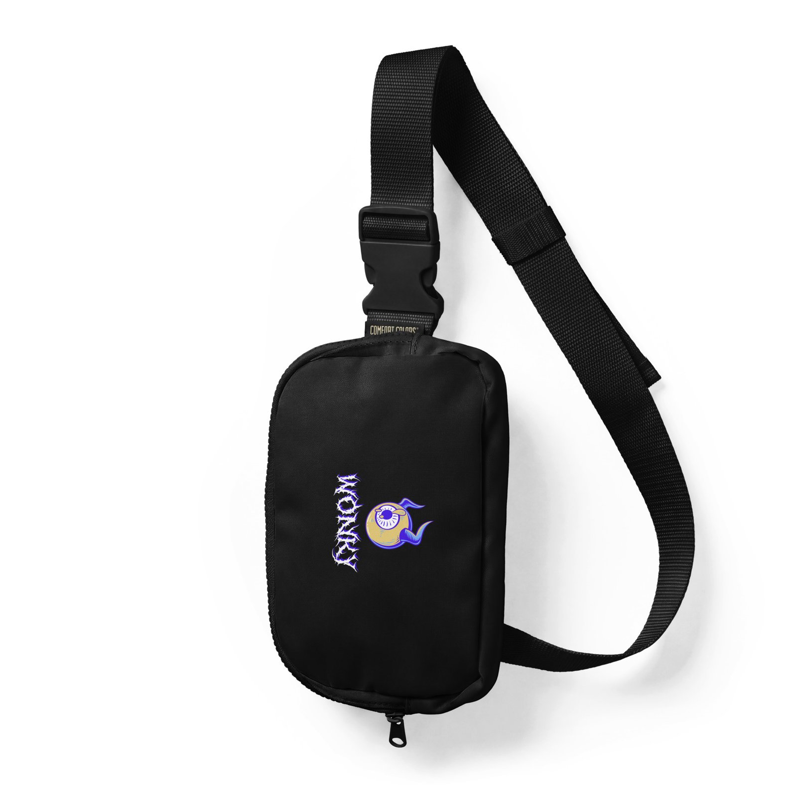 Black wonky crossbody rave festival sling bag, front view