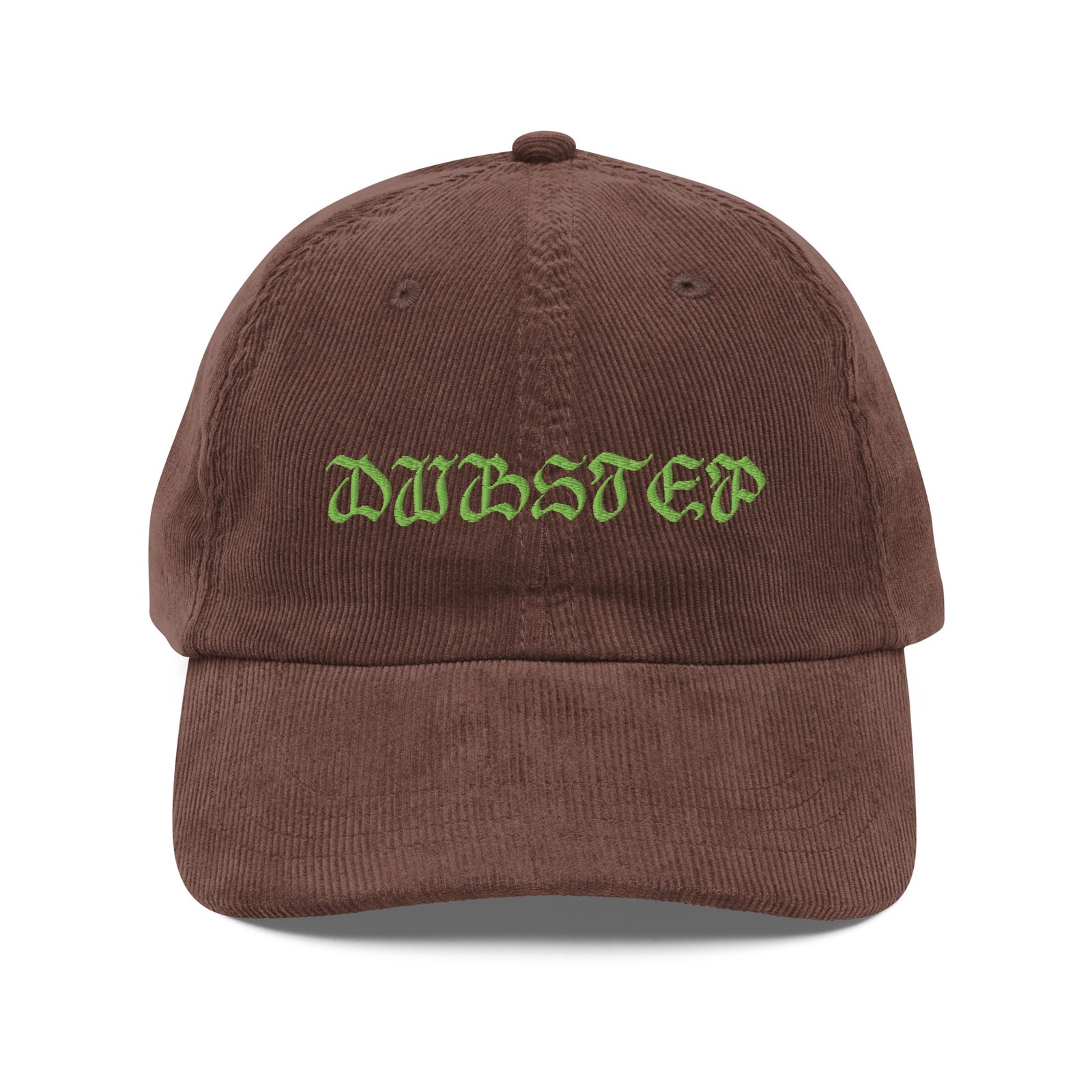 Brown corduroy dubstep cap with embroidered front, front view